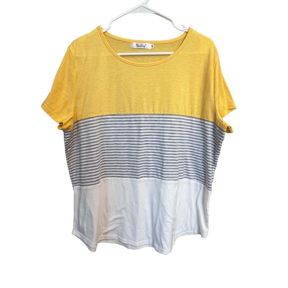 YunJey Yellow Gray White Tri Color Block Stripe Short Sleeve Top Plus 2XL Womens - Picture 6 of 13
